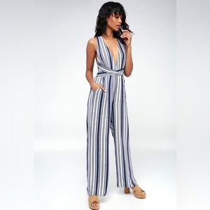 Lulu’s Sunbathing in Spain Navy Blue White Striped Halter Jumpsuit Tie Back M